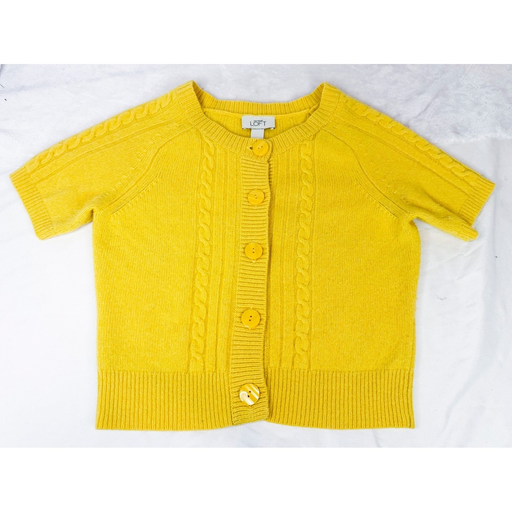 LOFT Yellow Cable Knit Short Sleeve Cardigan Sweater Women's Small‎ S